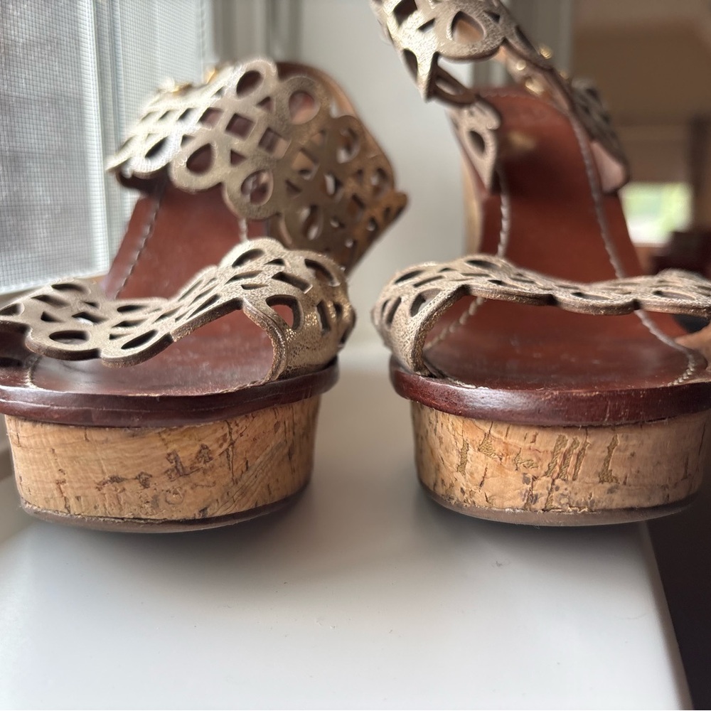 Tory Burch Lace Detail Cork Wedges - Silver + Brown - Size 7.5 - Picture 10 of 10